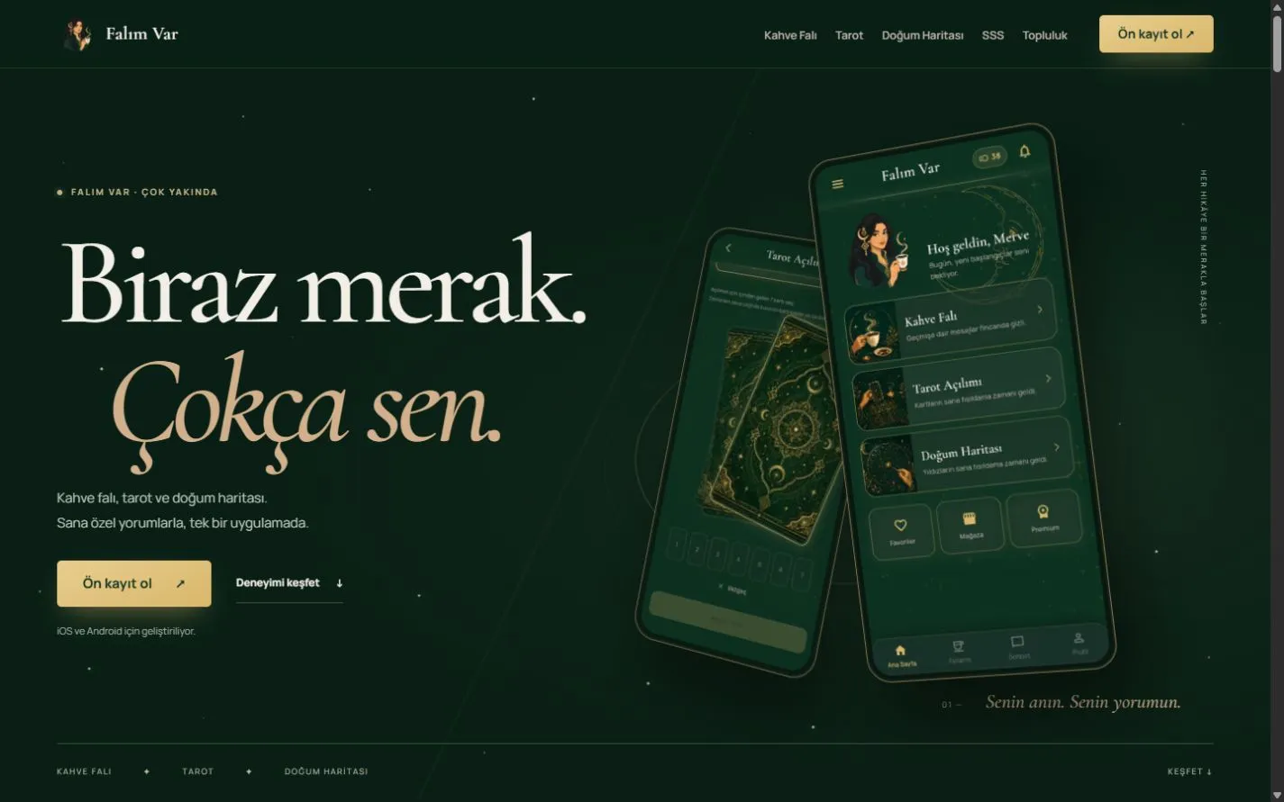 Falım Var web sitesi: yeşil ve altın tonlarında güncel ürün tanıtımı ve uygulama ekranları